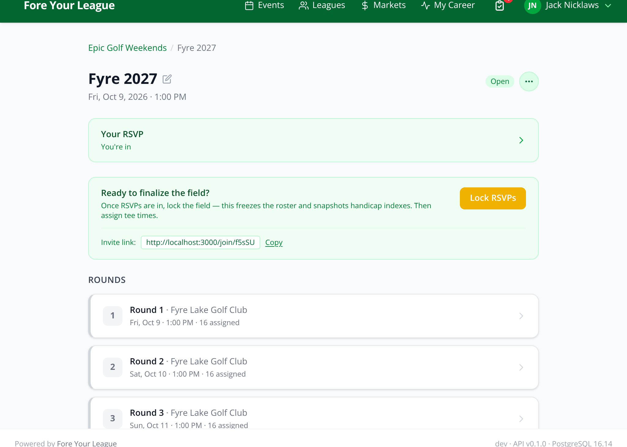 Trip event — three rounds, RSVPs, lock the field