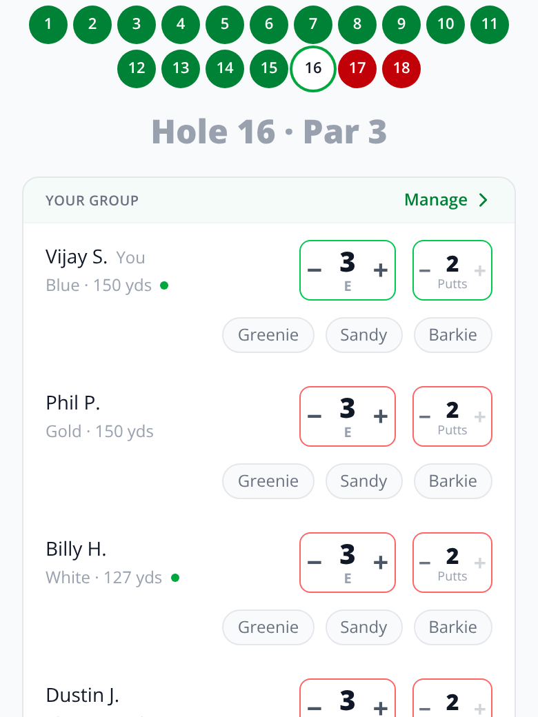 On-course hole-by-hole score entry with putts